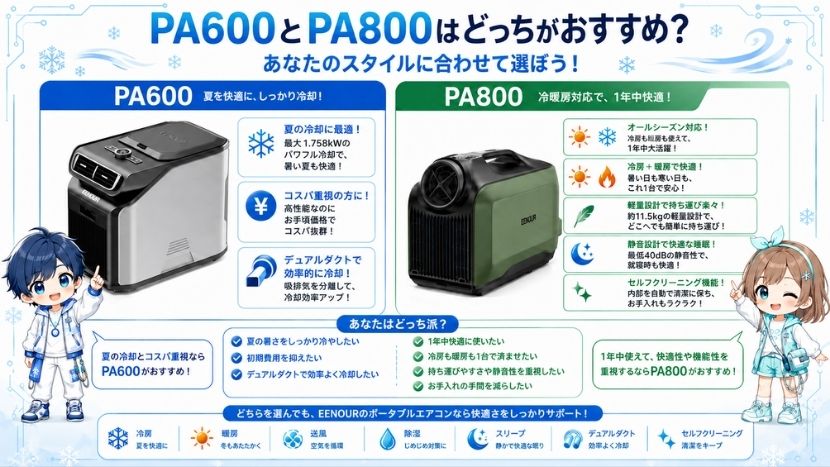 EENOUR PA600とPA800の違い｜冷却力・静音性を比較